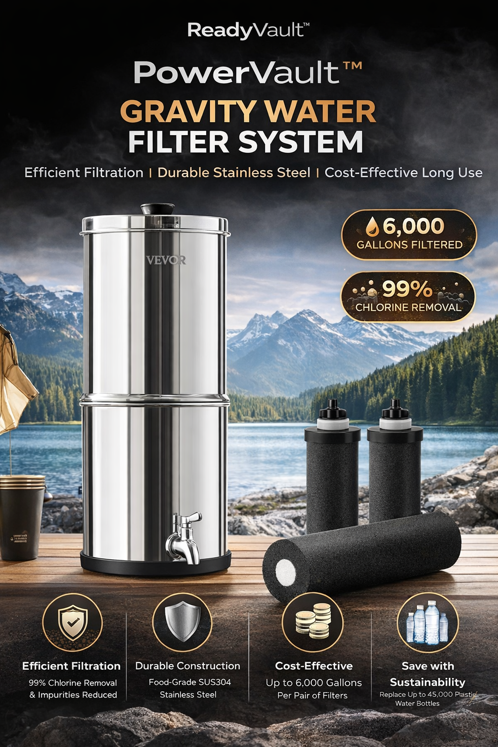 ReadyVault™ AquaVault – Gravity Water Filter System (Powered by VEVOR)